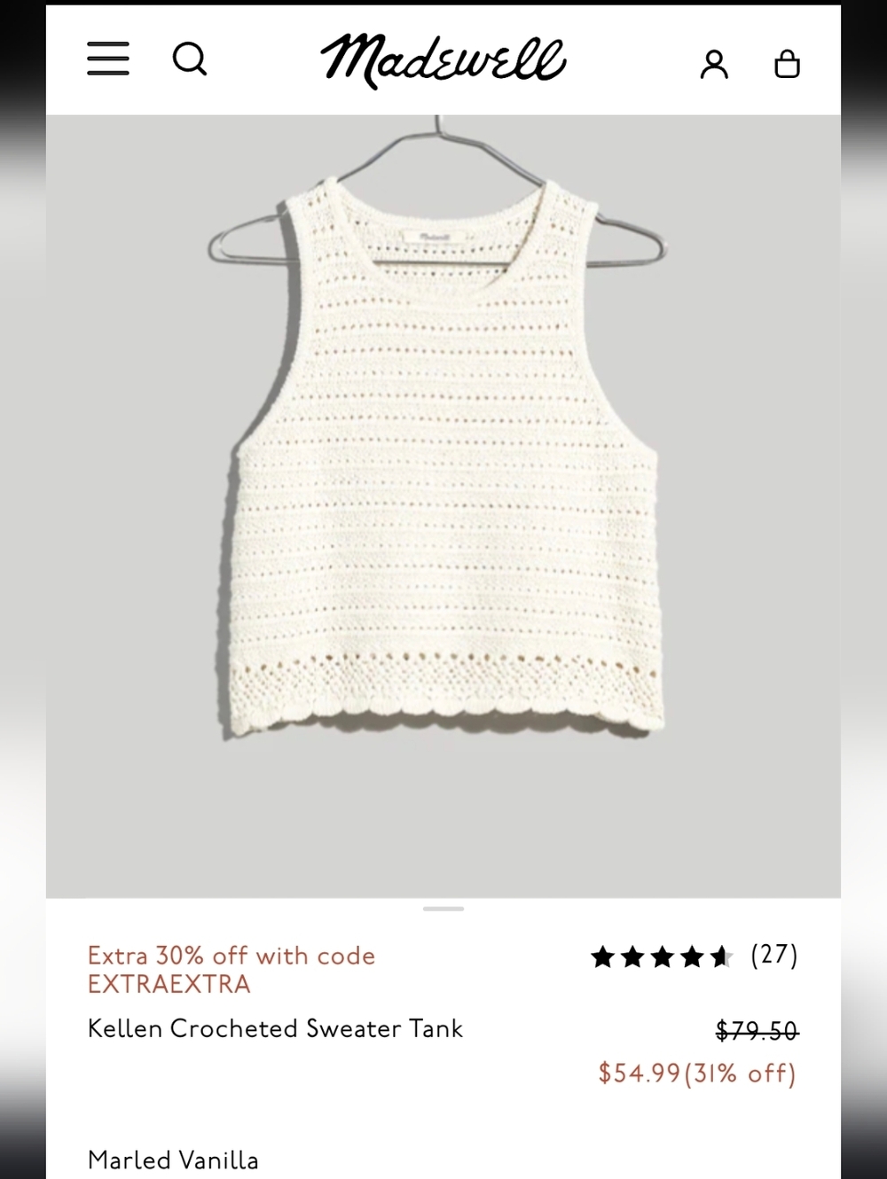 Madewell Marled 100% cotton Vanilla Kellen Crocheted Sweater Tank